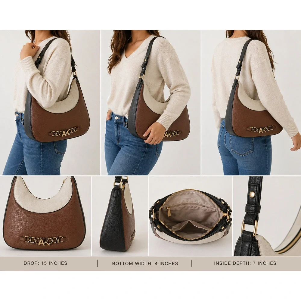 Anne Klein Two Tone Hobo Bag Brown Cream Black Faux Leather Chic Shoulder Purse